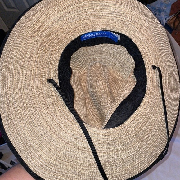 West Marine Wide Brim Hat Fishing Outdoor Chin Strap OS Tan with Black Stripe - Picture 3 of 11